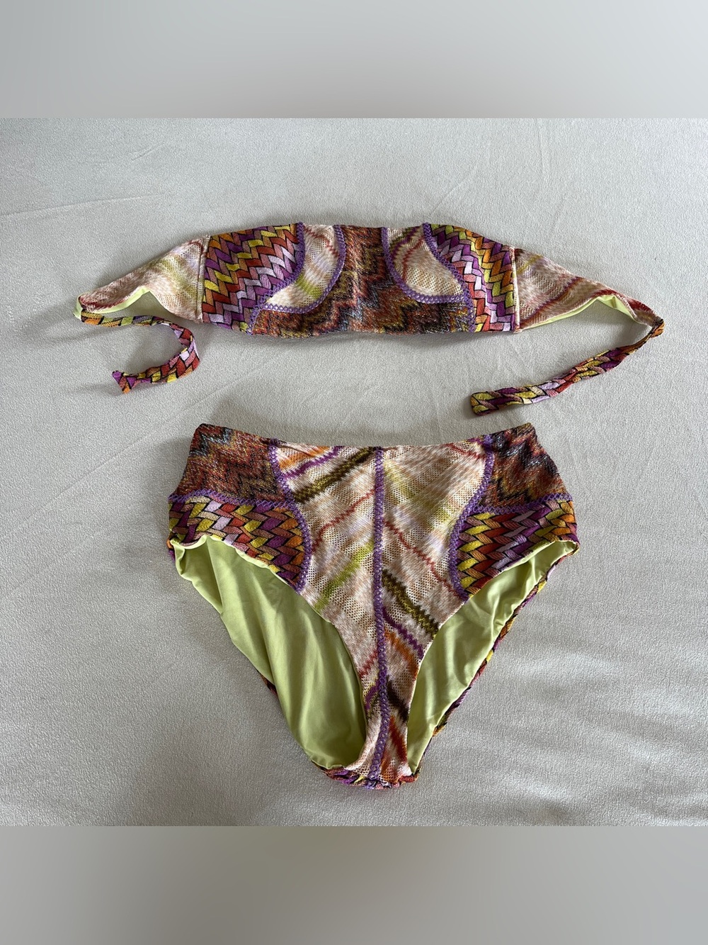 Vintage Missoni Patchwork Chevron Bikini Bandeau Top & High Waisted Bottom 44